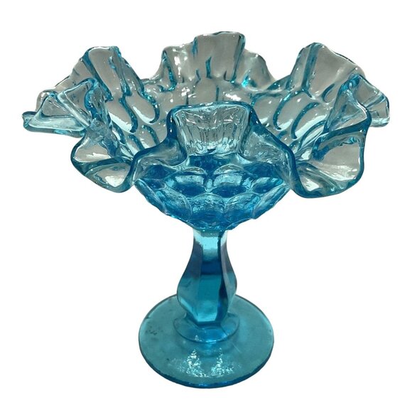1960's Fenton Colonial Blue Honeycomb Thumbprint Ruffled Compote No Flaws - Picture 1 of 5